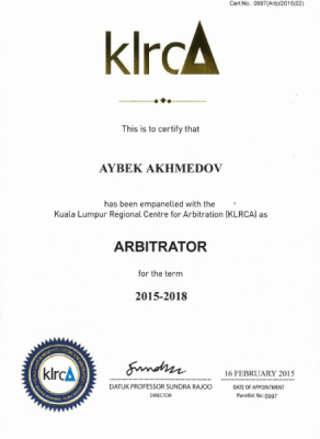 Aybek Ahmedov listed as arbitrator by Kuala Lumpur Regional Centre for Arbitration (KLRCA)