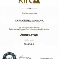 Anna Grishchenkova listed as arbitrator by Kuala Lumpur Regional Centre for Arbitration (KLRCA)