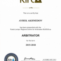Aybek Ahmedov listed as arbitrator by Kuala Lumpur Regional Centre for Arbitration (KLRCA)