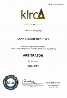 Anna Grishchenkova listed as arbitrator by Kuala Lumpur Regional Centre for Arbitration (KLRCA)